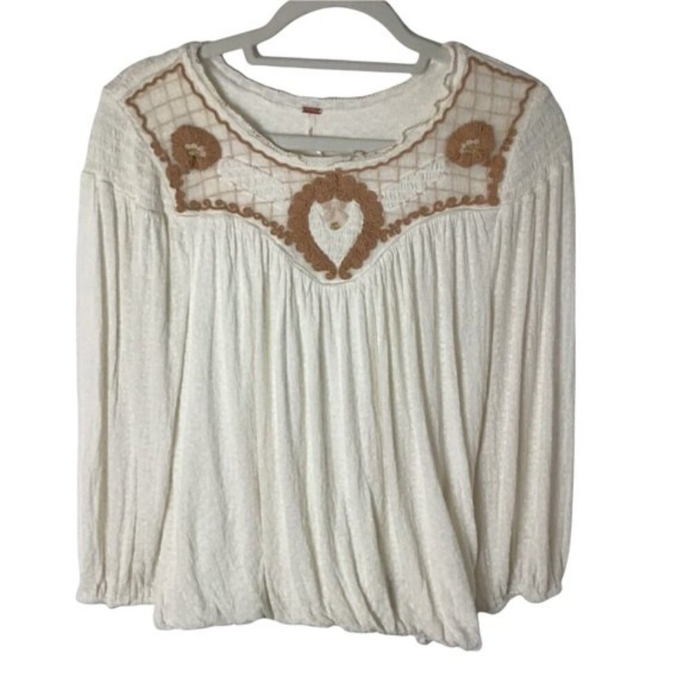 Free People Embroidered Long Sleeve Pleated Top Cream Size S